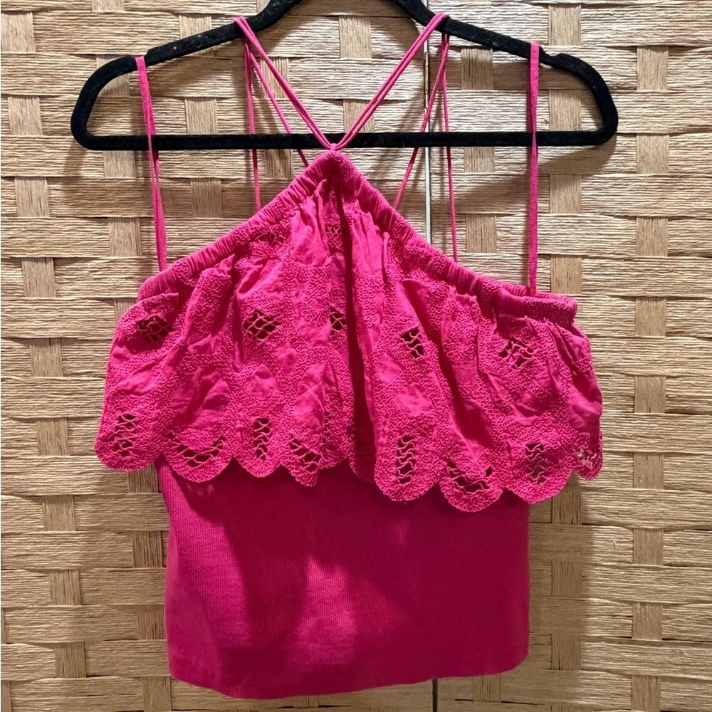 Anthropologie Ruffled Embroidered Halter Tie Back Tank in Medium Pink - Picture 3 of 6